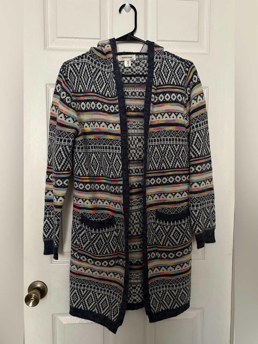 Monteau Navy Multi Fair Isle Hooded Long Cardigan
